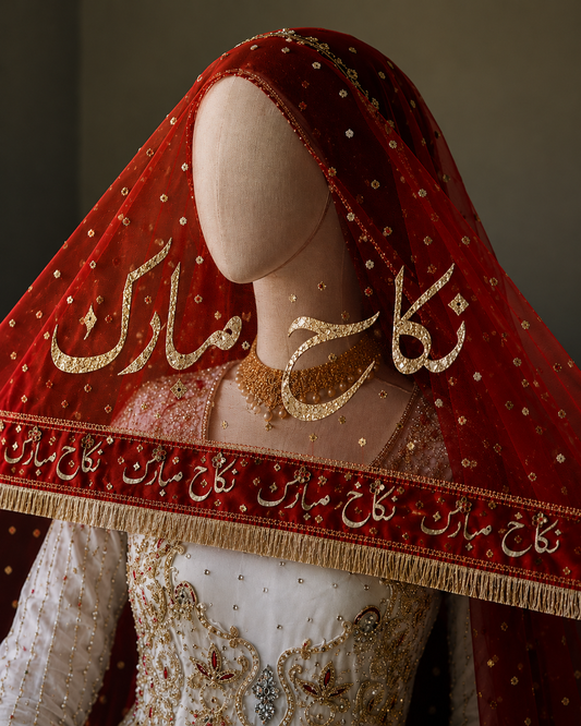Noor-e-Nikkah – Red Bridal Dupatta (Customizable Name)